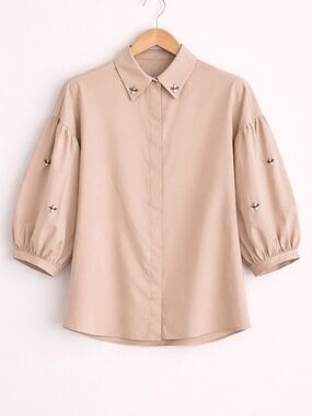Zara Beige Puff-Sleeve Button-Down Shirt with Embellished Collar